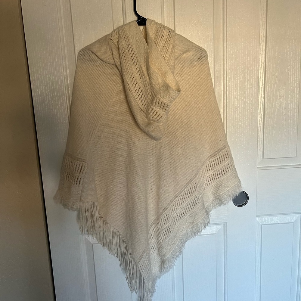 Cream Hooded Poncho with Fringe